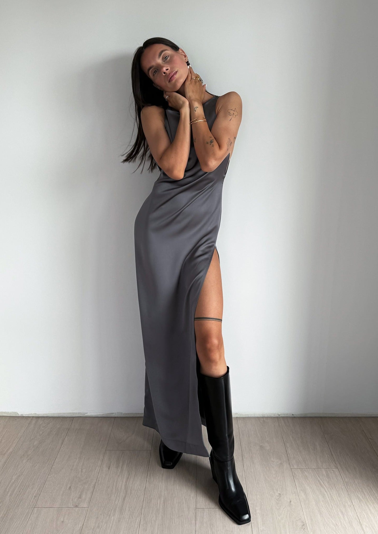 Metallic satin dress rent - XS