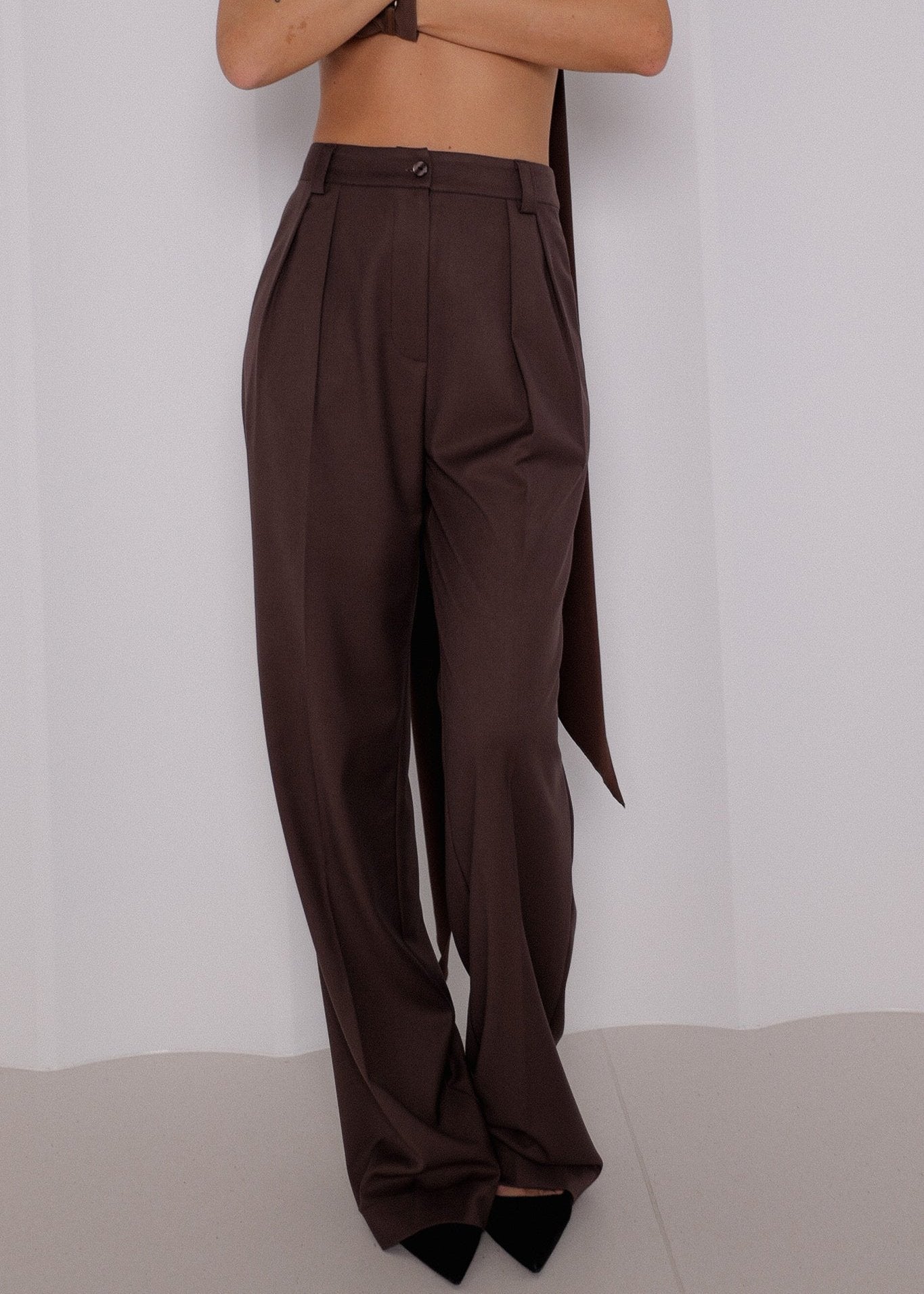brown classic premium trousers for women, front view