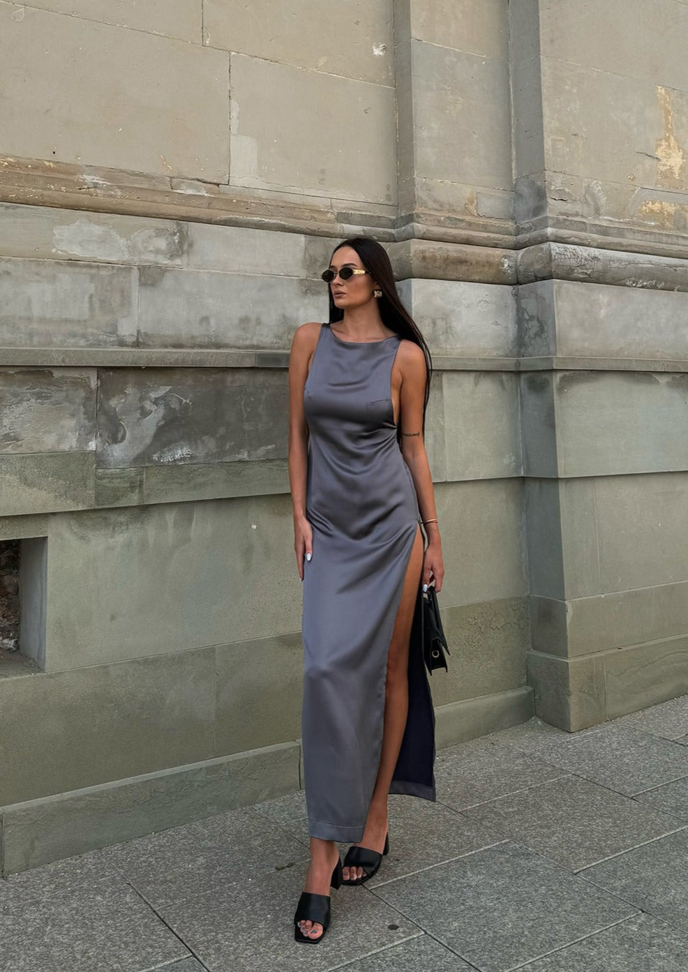 Metallic satin dress rent - XS