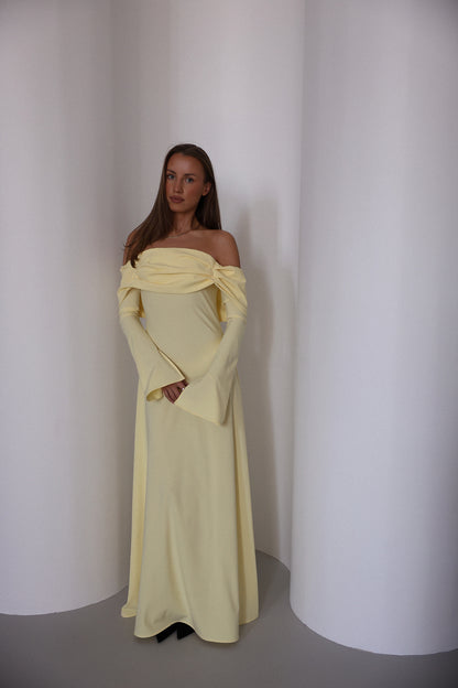 Athena Dress Long Butter Yellow Off-Shoulder Dress with Long Sleeves | MELV XS Athena Dress Long Butter Yellow Off-Shoulder Dress with Long Sleeves | MELV XS