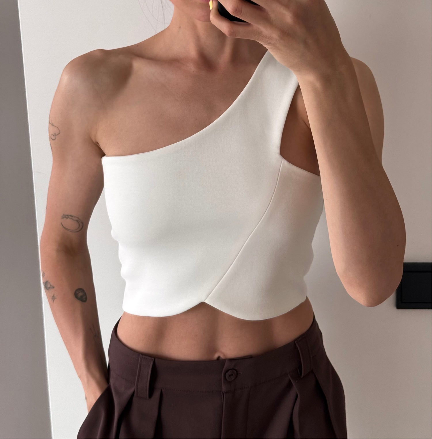 One shoulder top in white