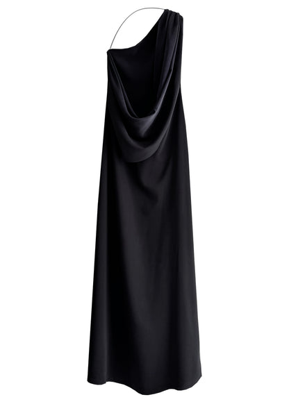 Black one-shoulder dress on a white background
